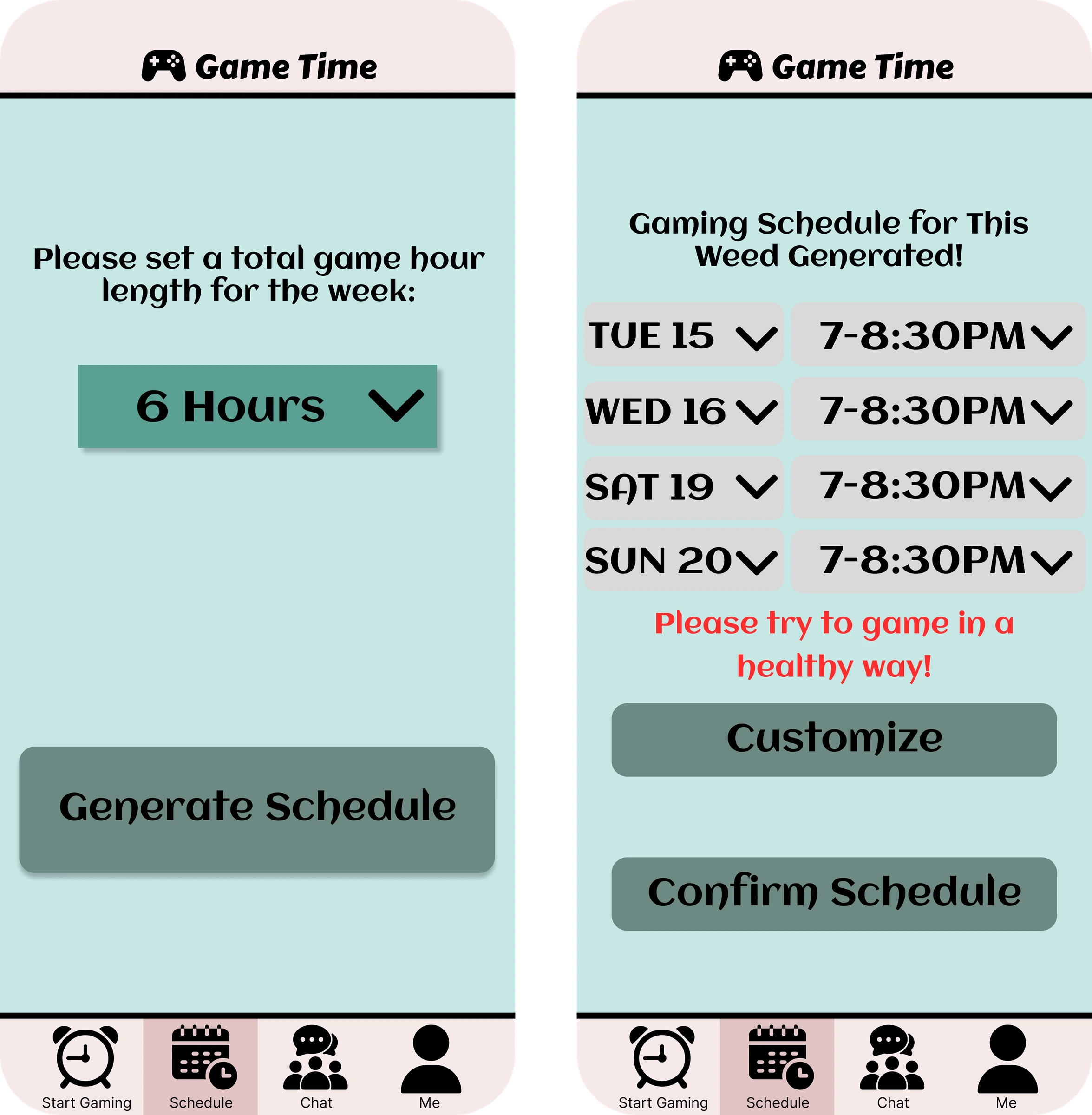 Schedule concept wireframe